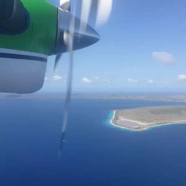 Propeller eines Inselfliegers über türkisem Meer und einer flachen Karibikinsel